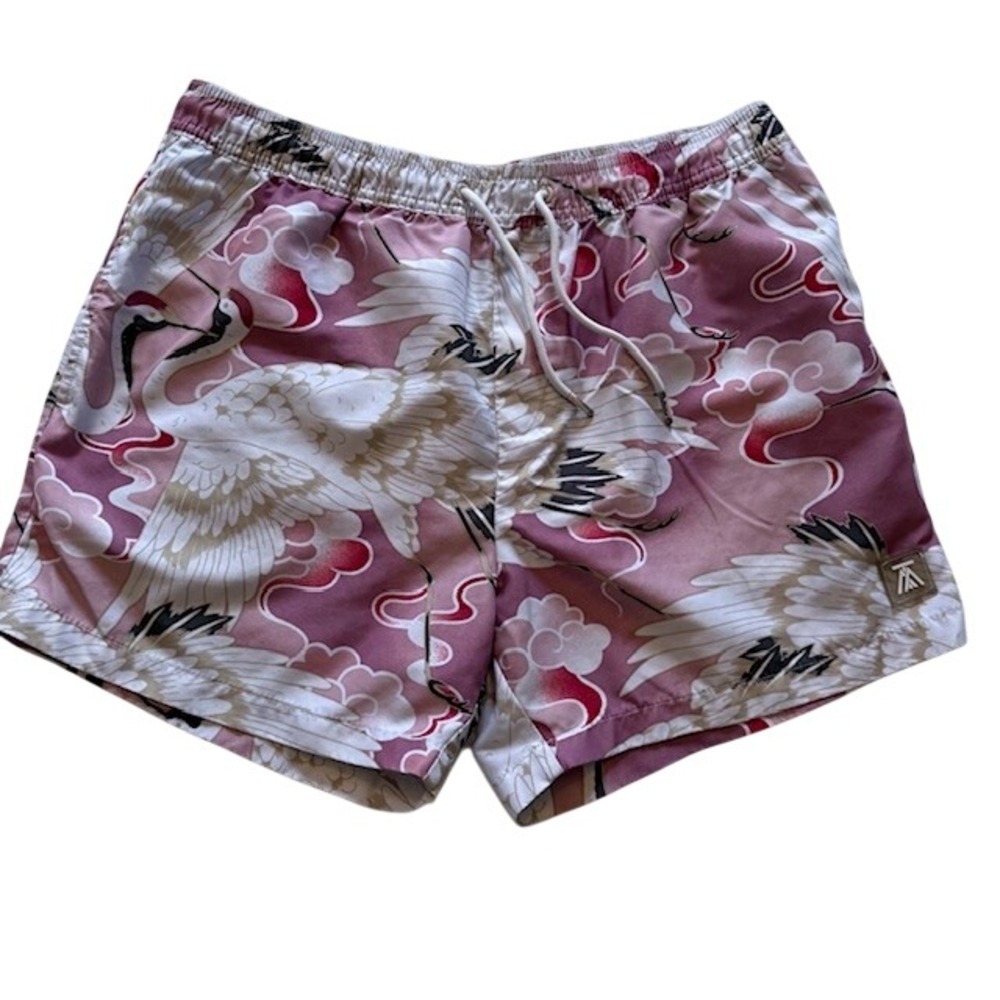 Topman Mens Pink Crane Print Swim Trunks Shorts Mauve Large Japanese Style 5in